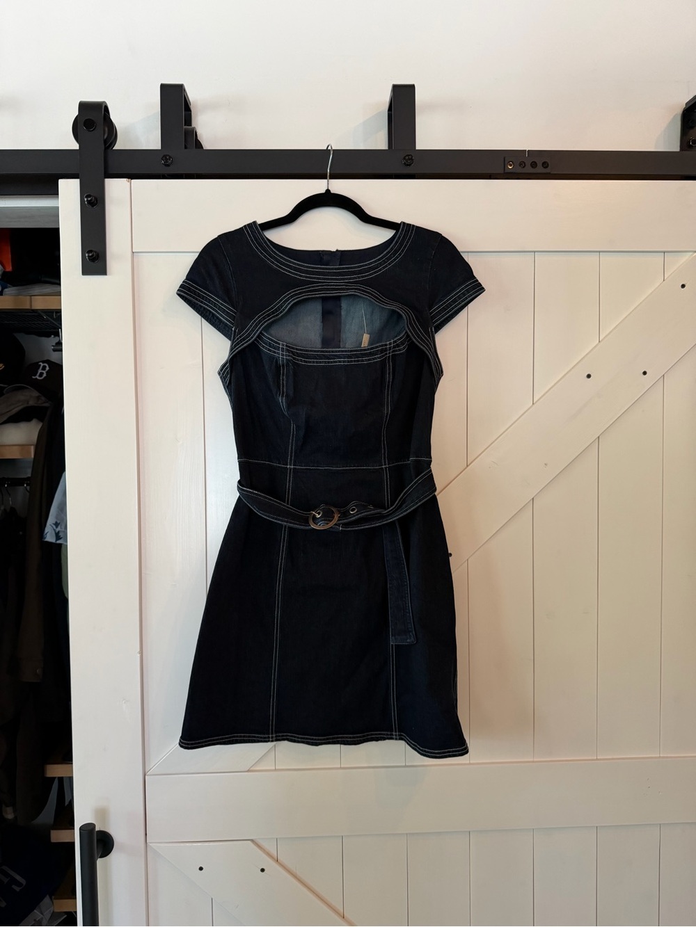 Anthropologie Black Short-Sleeve Mini Dress with Cutout and Belt